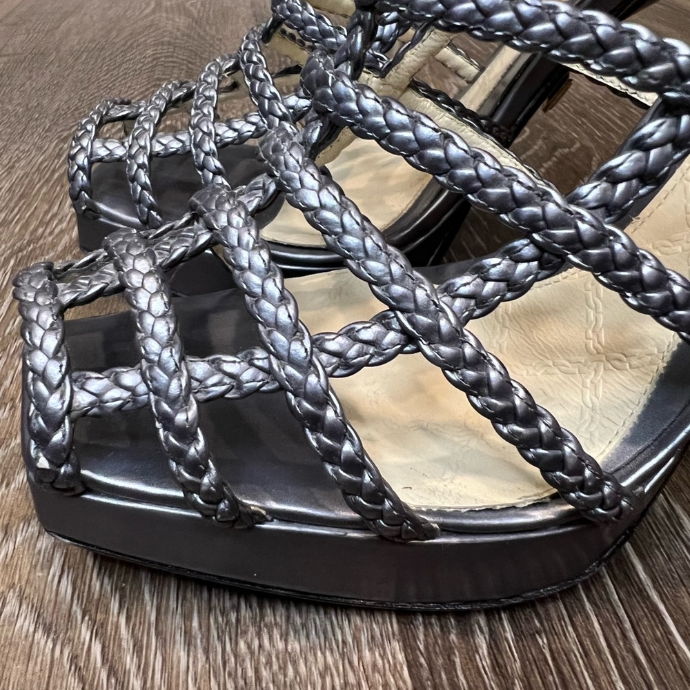 L.A.M.B size 6 gray leather stiletto sandals with braided cage-like silhouette